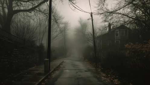 Fog-soaked neighborhood lane whispering into the unknown.