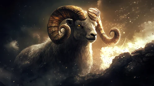 Mythic ram rendered with volumetric light, high-detail fur and horns