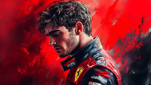 Digital painting portrait of racing driver in red cascade focus.