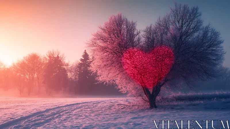 Heart-shaped Tree Illuminated at Winter Sunrise.