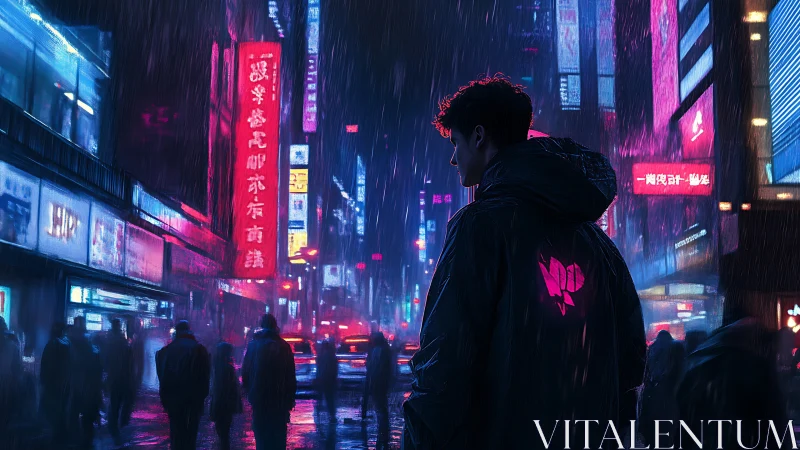 Neon‑lit loner in rain‑soaked cyberpunk city street scene.