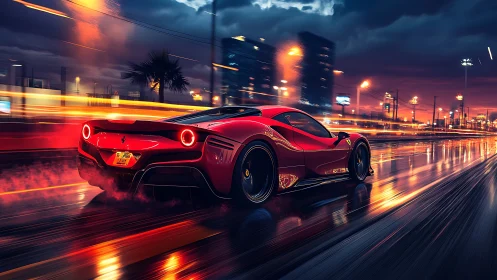 Scarlet supercar slices through a neon city street at night