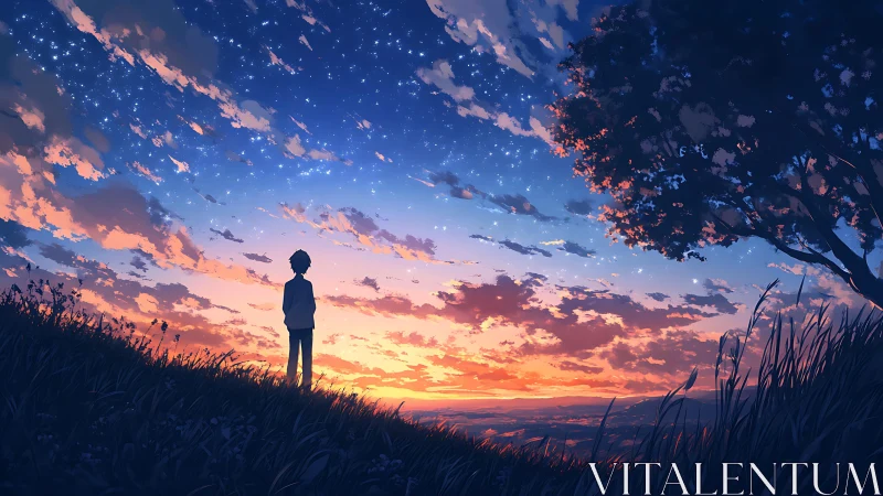 Sky-gazing dreamer beneath a wildfire sunset of stars.