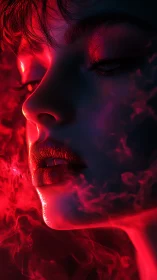 Velvet neon profile kissed by restless crimson smoke.