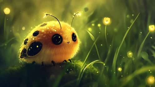 Glowing fluffy ladybug creature in luminescent meadow at dusk.