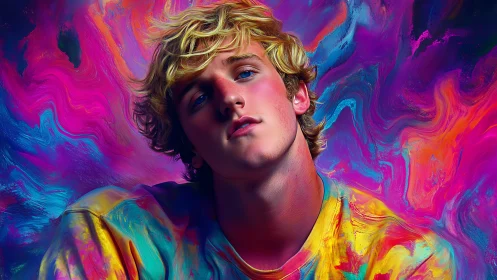 Chromatic portrait of contemplative youth in neon turbulence.