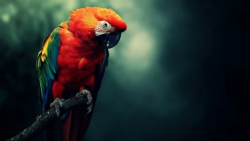 Vibrant Scarlet Macaw on Branch in Dramatic Lighting, Photorealistic.