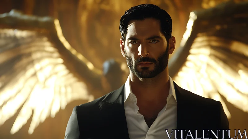 Winged male figure in formal suit before golden backdrop.