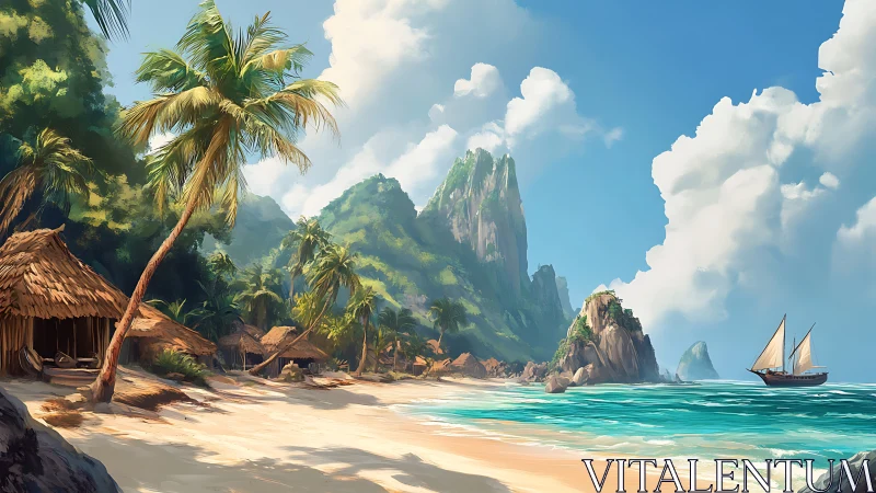 Tropical Island Coastal Landscape with Volcanic Peaks and Sailing Vessel