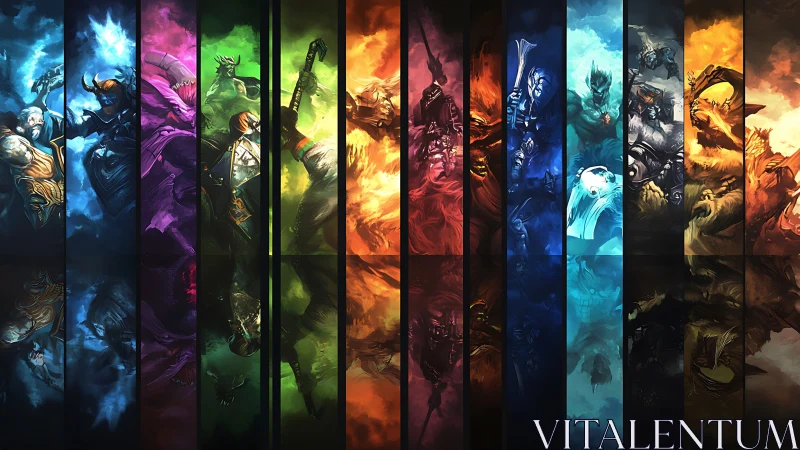 Segmented fantasy champions aligned by chromatic energy fields