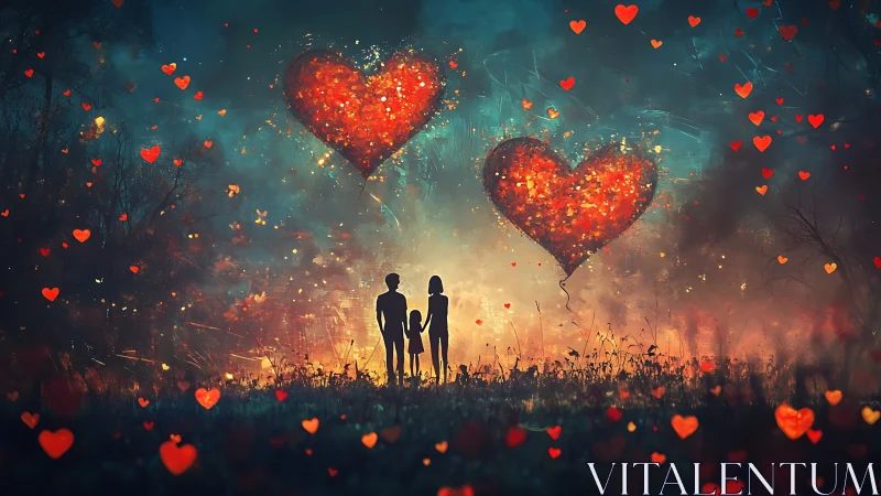 Digital Composite: Silhouetted Family Under Giant Luminescent Hearts