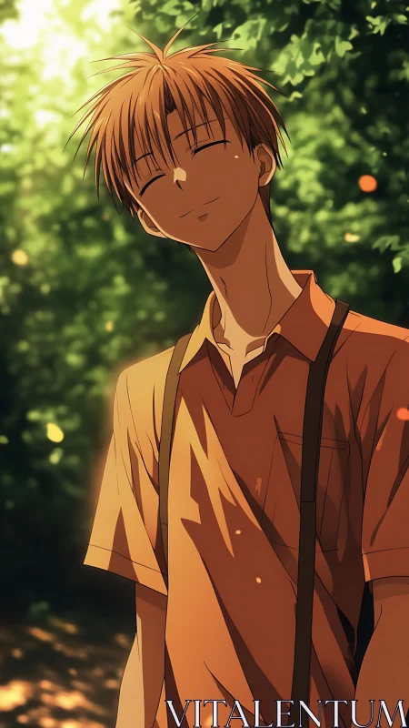 Anime boy in orange shirt standing under dappled forest light.