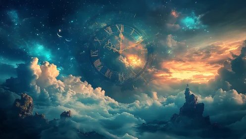 Dreamy sky clock floating over glowing sunset clouds.