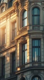 Sunlit neoclassical facade with sculpted stone details.
