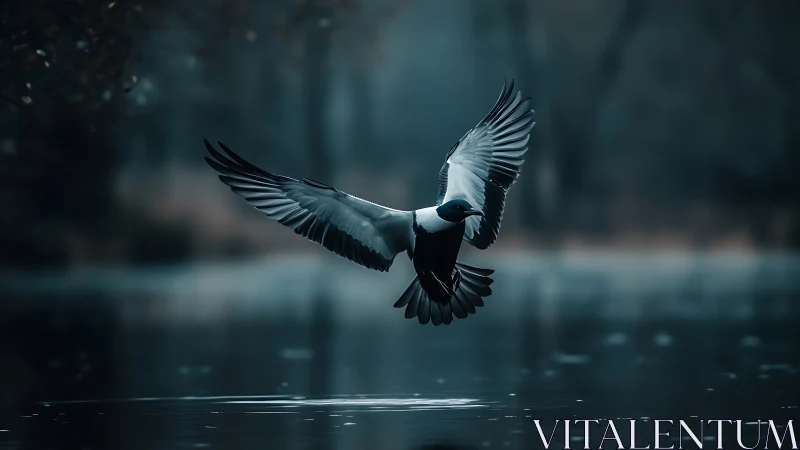 Majestic magpie in flight over serene misty lake, moody style.