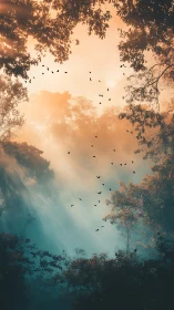 Misty Forest Canopy with Birds in Golden Light.