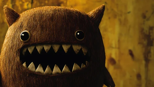 Furry horned monster grins wide against warm amber backdrop.