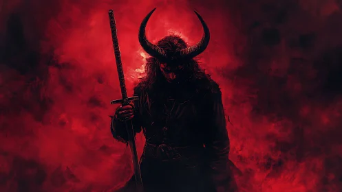 Horned dark warrior stands in blood-red infernal mist.