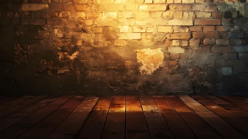 Rustic Brick Wall with Wooden Floor in Warm Ambient Lighting.