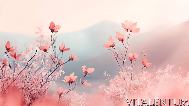 Soft Focus Pink Magnolia Field Landscape with Misty Mountains.