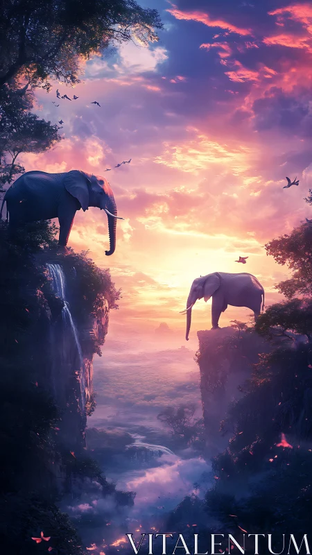 Gentle elephants share a dreamy sunset above misty cliffs