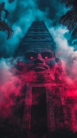 Monolithic stone temple tower with colossal face relief.