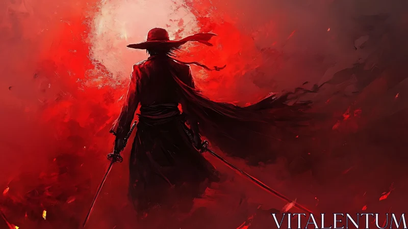 Red-cloaked swordsman silhouettes against abstract crimson vortex