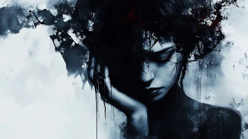 Monochrome portrait with abstract ink-like background elements.