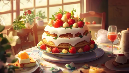 Elegant Tiered Cake with Fresh Berries in Warm Window Light