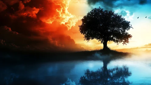 Solitary tree divides fiery dusk and cool dawn reflection