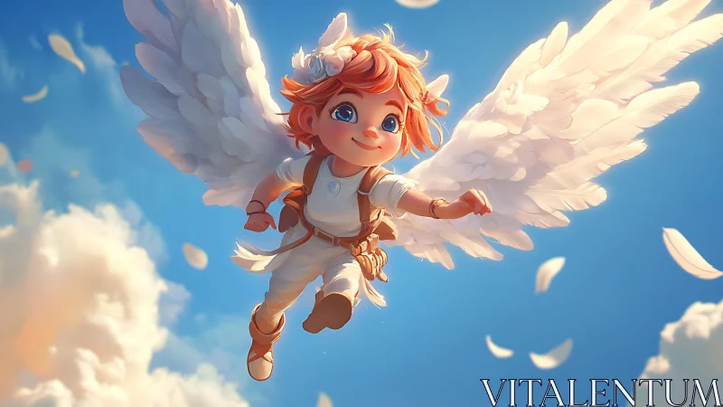 Winged child character flying against blue daytime sky.