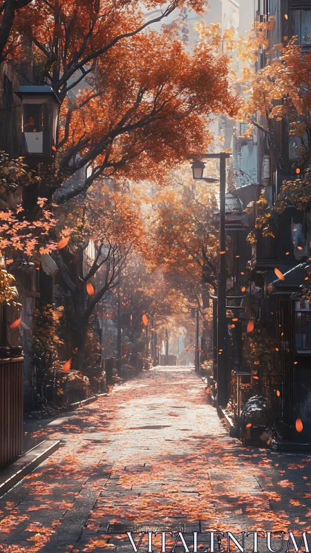 Autumn-lit city alley with falling leaves and warm haze.