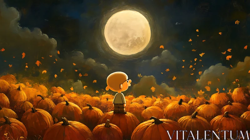 Child marvels at glowing harvest moon above pumpkin field.