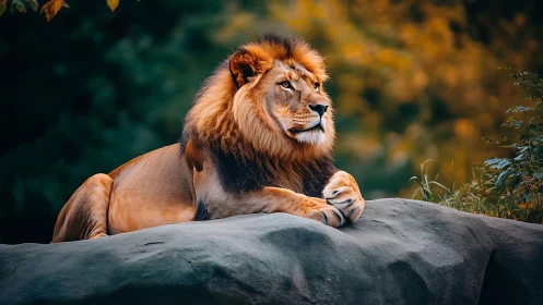 Golden-maned lion rests upon a stone throne at dusk.