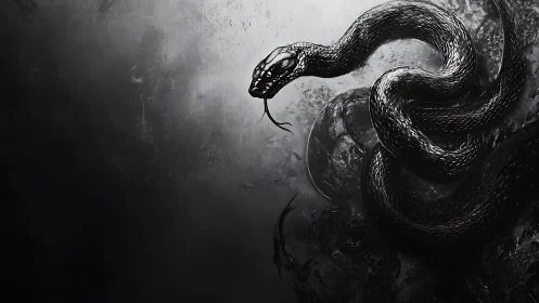 Monochrome serpent rendered in high-contrast digital chiaroscuro.
