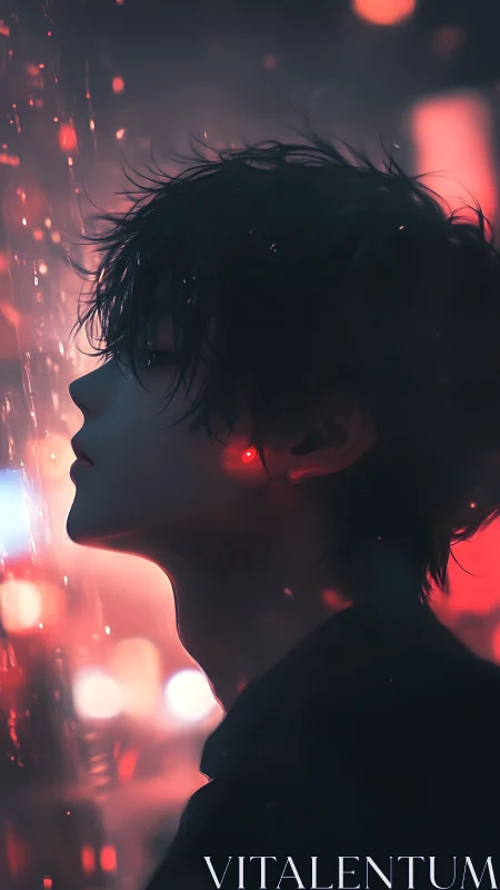 Neon-lit profile studies rain-soaked city reflections.