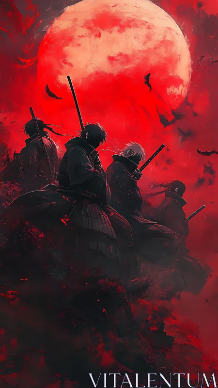 Samurai silhouettes beneath large red moon in mist.