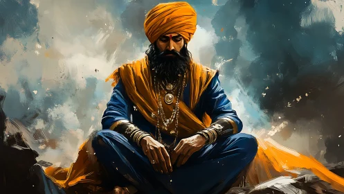 Turbaned figure seated in orange and blue garments outdoors.