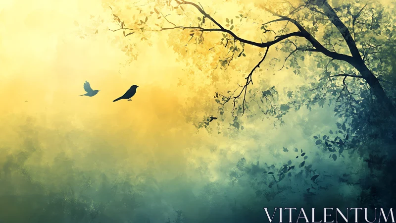 Birds Silhouetted Against Dreamy Forest Sunrise Illustration.