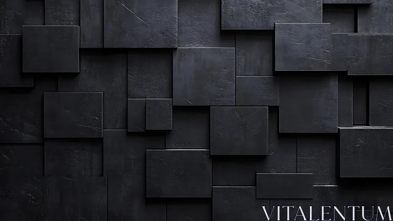 Dark geometric panel wall with layered square blocks.