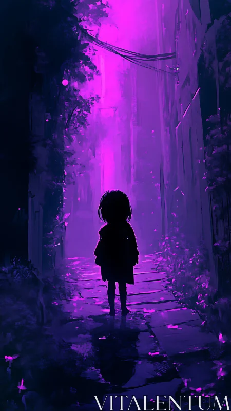 Child silhouette in narrow alley with intense purple light.