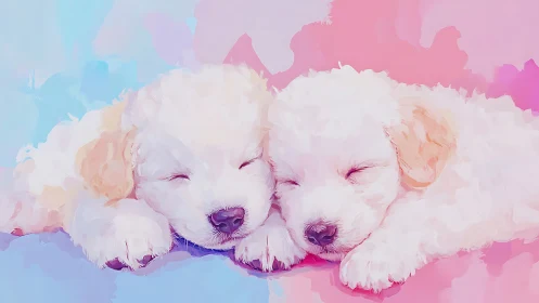 Two white puppies sleep closely together on pastel ground