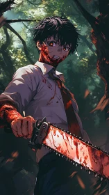 Bloodstained anime boy holds chainsaw in dense forest