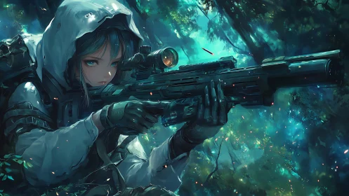 Hooded anime sniper steadies rifle in glowing forest