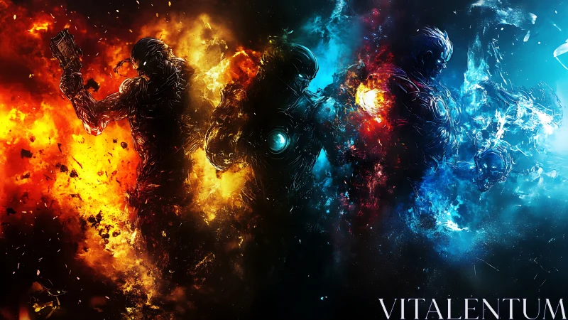 Elemental cyber warriors merge fire, energy and ice in battle