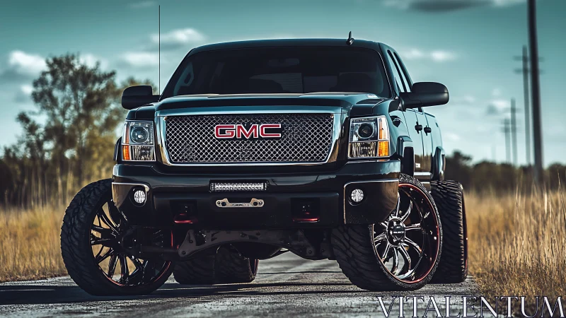 Lifted black GMC truck dominates rural road perspective.