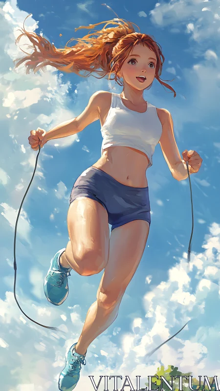 Digital illustration shows woman skipping rope against sky