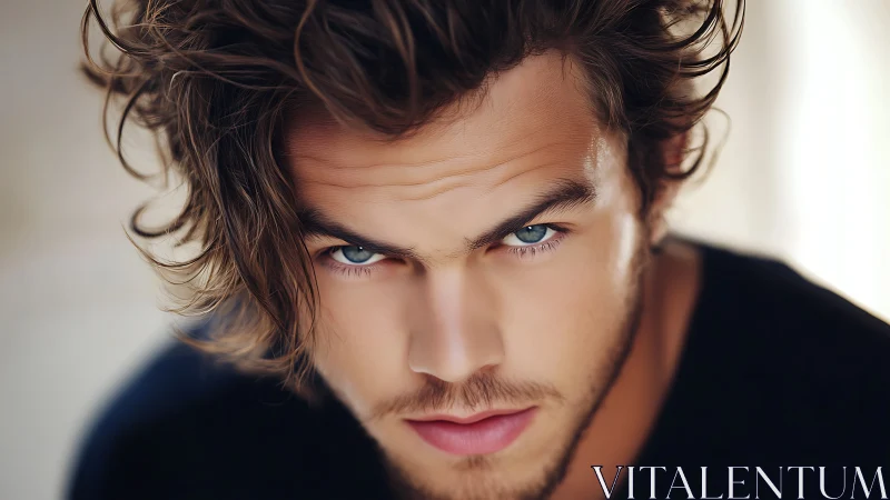 Close-up portrait of intense young man with blue eyes.