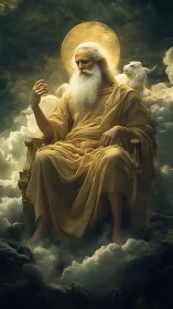 Digital painting of ethereal throne scene with haloed elder.