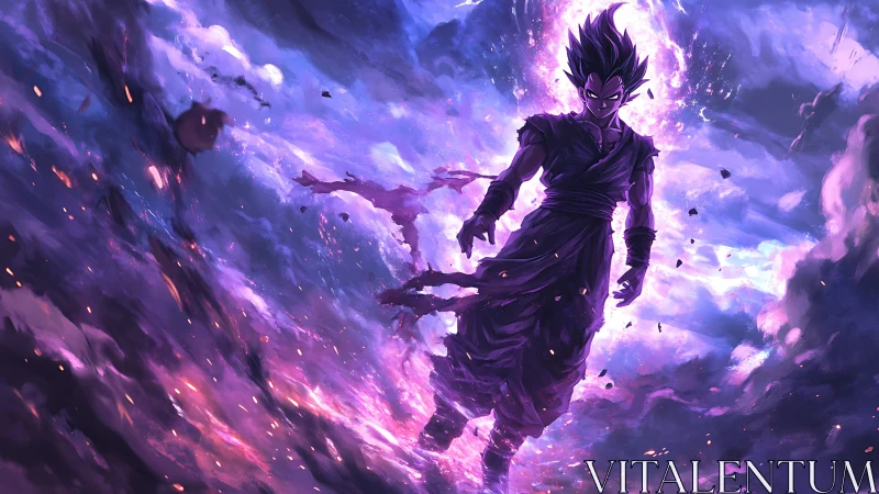 Dark energy warrior ignites storm of violet cosmic power.